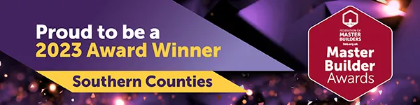a purple and yellow award banner with a red and white sign